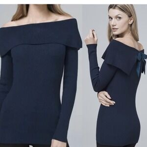 White House Black Market Womens Off Shoulder Bow Back Ribbed Sweater Medium Blue